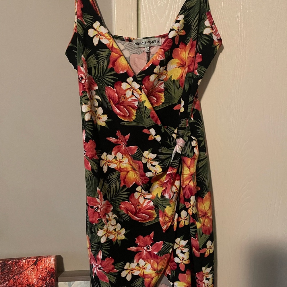 Almost Famous Tropical Floral Midi Dress - Black with Red and Yellow